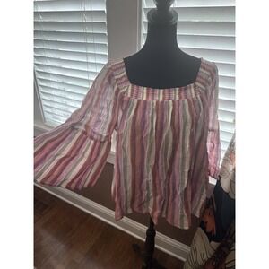 Chaps Women's 100% Cotton Lightweight Pink Striped Blouse W/ Bell‎ Sleeves. Sz S
